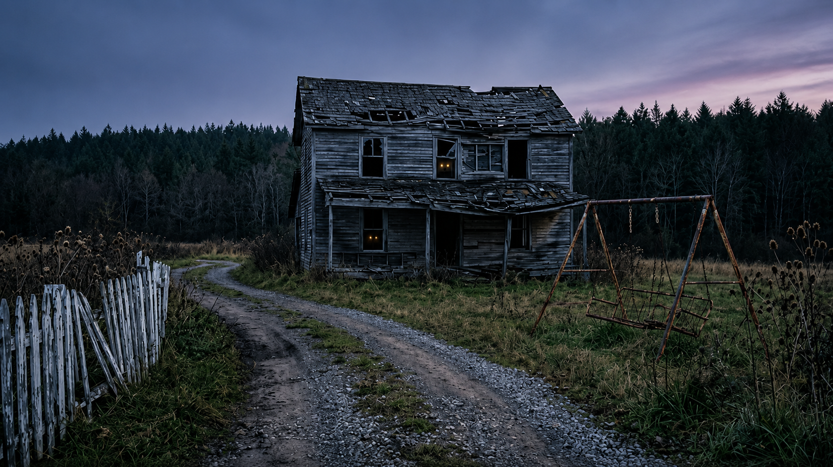 Collapsed wooden barn at golden dusk with a dirt road leading toward it
